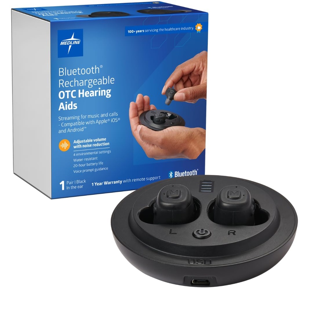 Medline Bluetooth Ladattavat OTC kuuloapuvälineet, in-Ear, 4 ympäristöasetukset, vesitiivis, säädettävä tilavuus, Lievä tai kohtalainen kuulon menetys, melun vähentäminen, kuulolaitteet