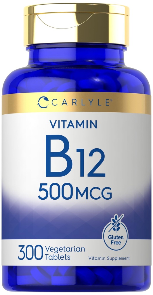 Carlyle-vitamiini B-12 500 mikrogrammaa 300 tablettia kasvissyöjä, ei-GMO, Gluteeniton lisäaine