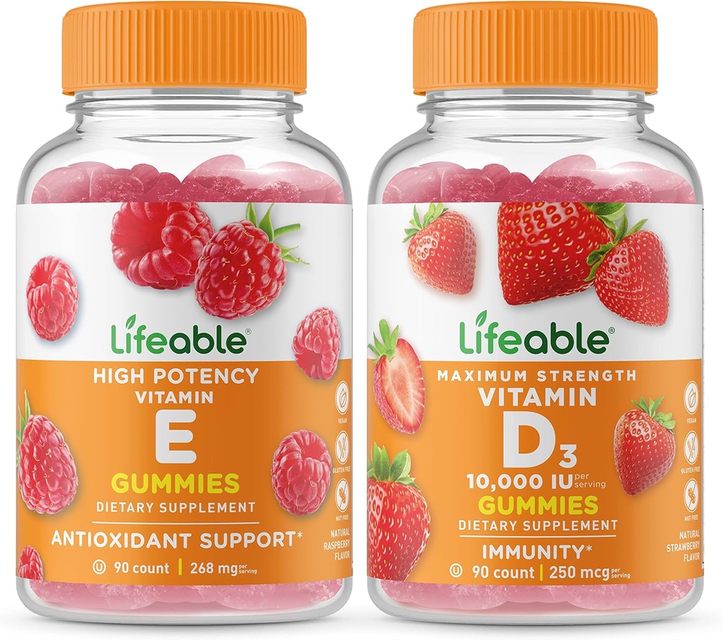 Livlig vitamin E + Vitamin D 10000 IE, Gummies Bundle - Great Tasting, Vitamin Supplement, Gluten Free, GMO Free, Chewable Gummy