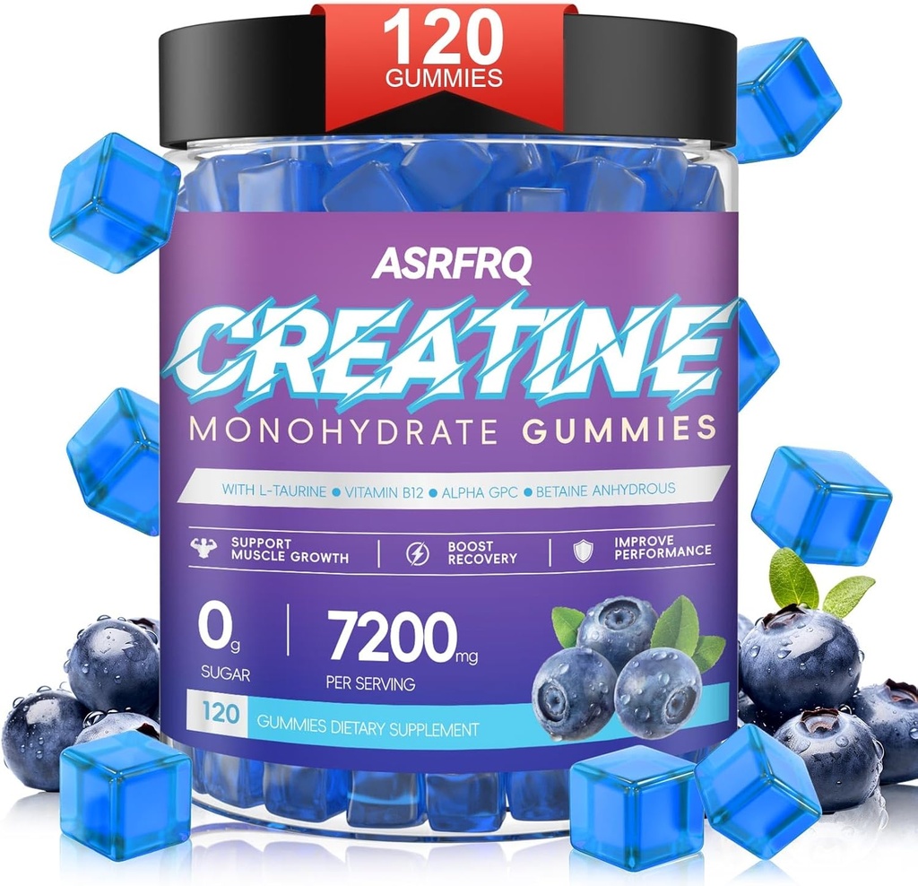 Kreatiini Monohydraatti Gummies miesten & naisten 120 CT - 7200mg Creatiini Monohydraattia per tarjoilu, purutabletti Monohydraatti lihasten tuki & energia Boost, sokeriton, vegaaninen (BlueberryFlavor)