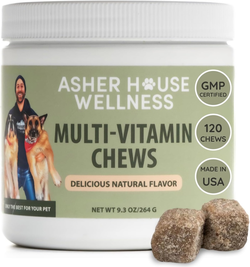 Asher House Wellness koiran monivitamiini purukumia - koiran vitamiineja ja lisäravinteet, pehmeä Chew lemmikki koirat probiootteja, pellavansiemeniä, Colostrum - kattava terveystuki pentu senior, 120 purukumia