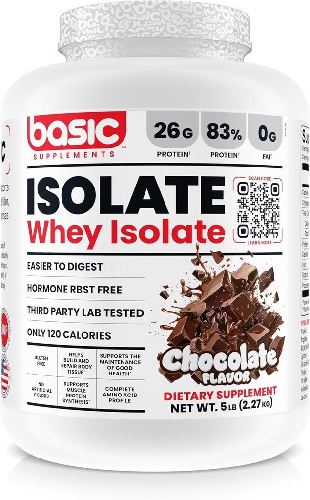 Basic Whey Protein Isolate, 26g proteiinia, 0g rasvaa, gluteeniton, RBST-vapaa, nopea imeytyminen, 120 kaloria (5 punta, suklaa)
