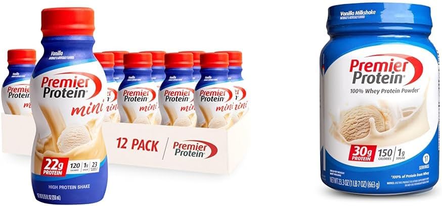 Premier Protein Shake MINIS Vanilla 22g Protein 120 Calories 12 & Powder Vanilla Milkshake 30g Protein 17 Tarjoukset 23,3 Ounces