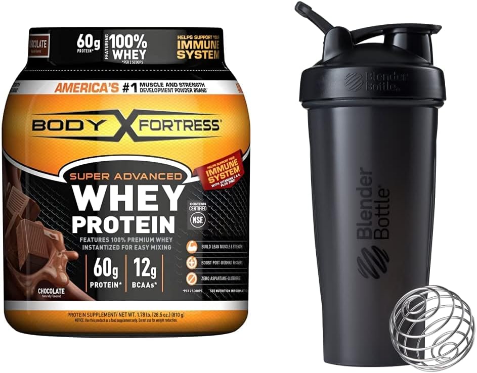 Body Fortress Super Advanced Whey Protein Powder, suklaa (1,78 lbs) ja BlenderBottle Classic Shaker Bottle (28 oz), musta