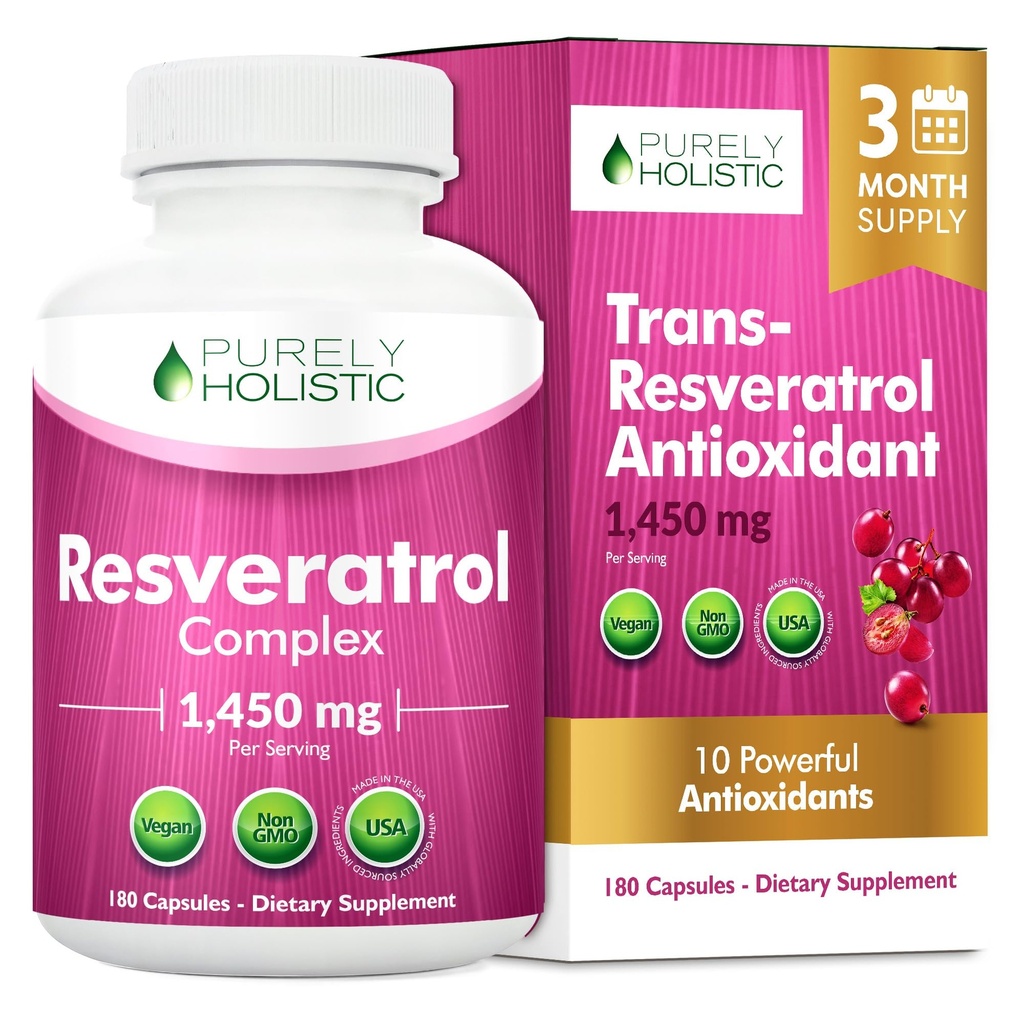 Puhtaasti kokonaisvaltainen Resveratrol 1450 mg, 90 Servings, Trans-resveratrol Antioksidantti täydentää C-vitamiini ja polyfenoli Complex, 180 vegan kapselit