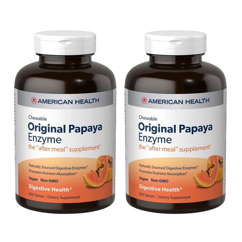 American Health Original Papaya Enzyme - 600 purutablettia, pakkaus 2 - After-Meal Supplement - Ei-GMO, Vegan - 400 Tarjoilut yhteensä