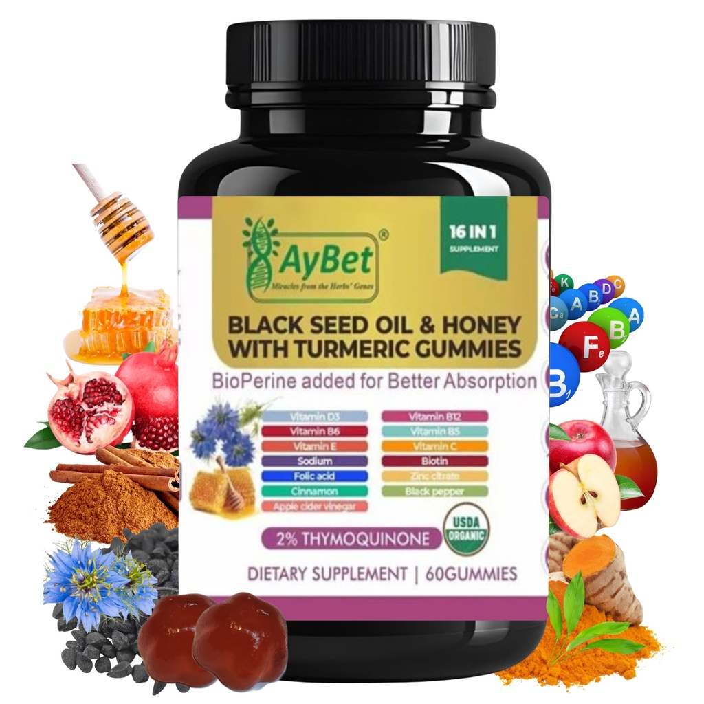 Black Seed Oil & Honey with Turmeric Gummies with BioPerine, Apple Sider Viinietikka, Biotiini, Sinkki & Vitamiinit C D3 B12 