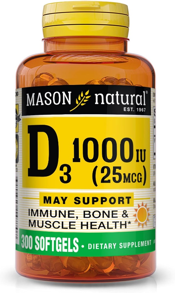MASON NATURAL D3 25 mikrog (1000 IU), tukee yleistä terveyttä, vahvistaa luut ja lihakset, Fish Liver Oil, 300 Softgels