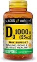 MASON NATURAL Vitamin D3 25 mcg (1000 IE), Stöder övergripande hälsa, stärker ben och muskler, från Fish Liver Oil, 300 Softgels
