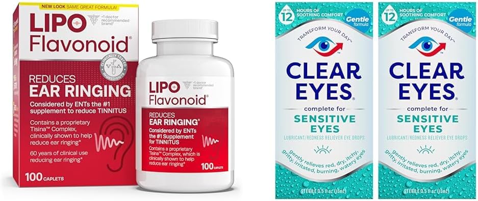 Lipo- Flavonoid Tinnitus Relief Korvan terveys Vitamiineja 100 Kapselit & Kirkkaat silmät Herkkä silmät Drops 0,5 Oz 2 pakkaus Bundle