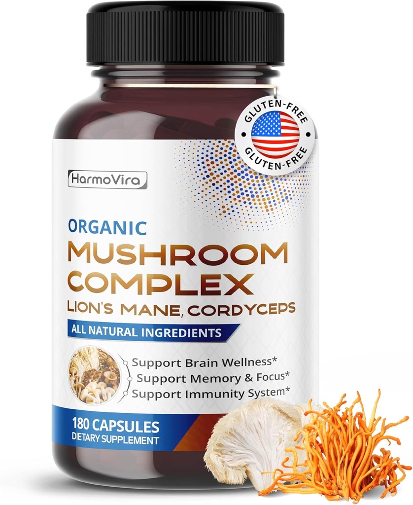 Organic Mushroom Complex leijonan mane, Cordyceps & Turkey Tail Aivot, Muisti & Immuuni tuki 180 kapselia (6 kuukauden toimitus)