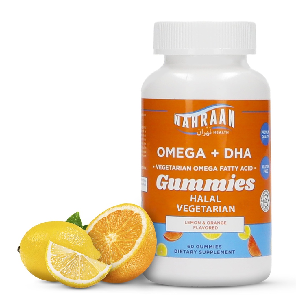 Halal Omega 3 för vuxna och barn - Omega 3 vegetariska gummier med citron och orange smak - Vuxna och barn Gummies - 60 greve
