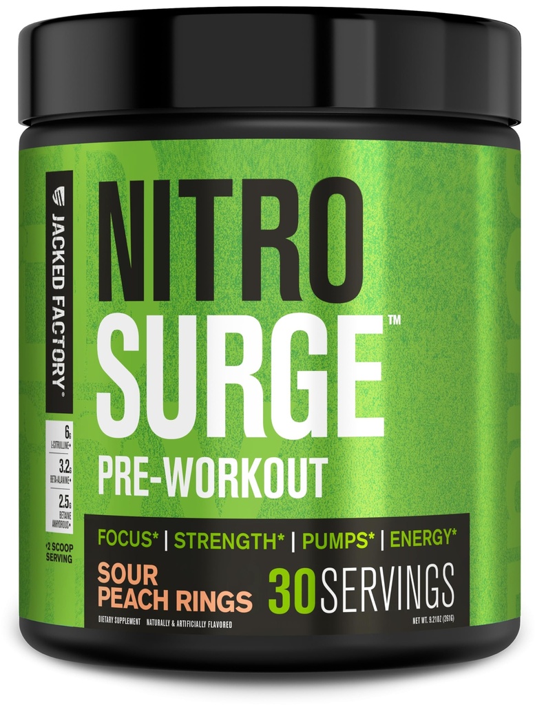 Jacked Factory NITROSURGE Pre harjoitus täydentää - loputon energia, pikavoimaa voitot, selkeä Focus, Intense Pumput - NO Booster & Tehokas Preworkout Energy Powder - 30 tarjoiluja, hapan persikkarenkaat