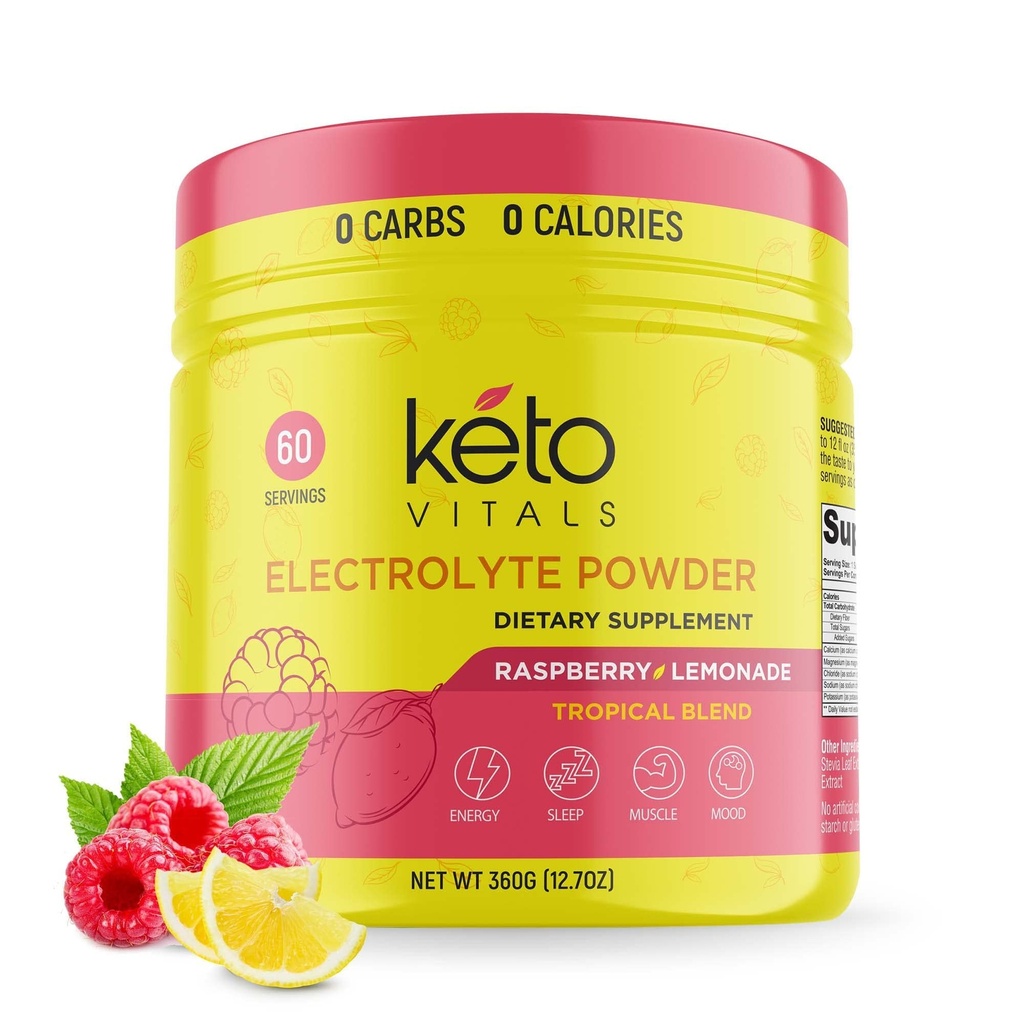 Keto Vitals Electrolytes Powder - Sugar Free Keto Electrolytes Powder med kalium, magnesium, natrium och kalcium - No Sugar Electrolyte Drink Mix & Hydration Powder, 60 portioner, Raspberry Lemonade