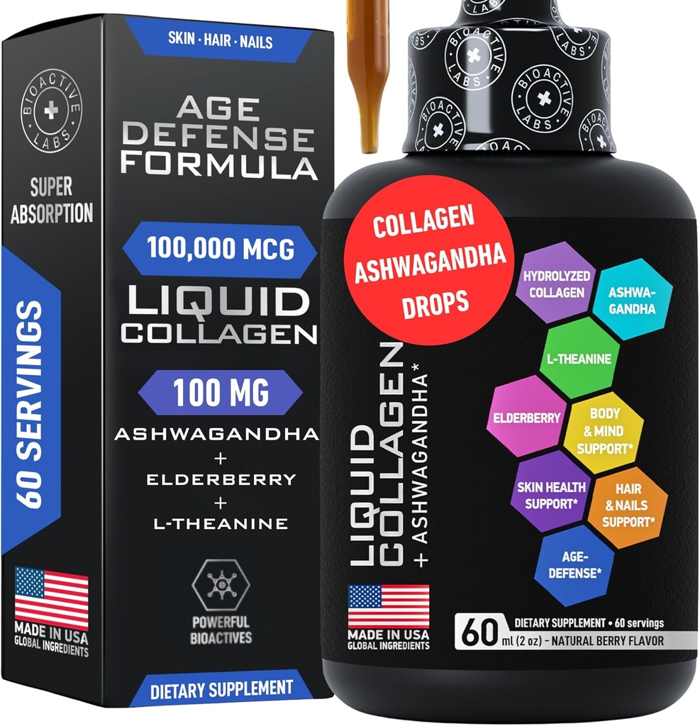 Liquid Collagen naisten ja miesten kanssa Calming Ashwagandha - 100,000 mcg naudan Collagen Drink, 100mg Ashwagandha Liquid Radiant iho, hiukset, kynnet, ja Immuuni tuki - 2oz Berry Flavor Drops