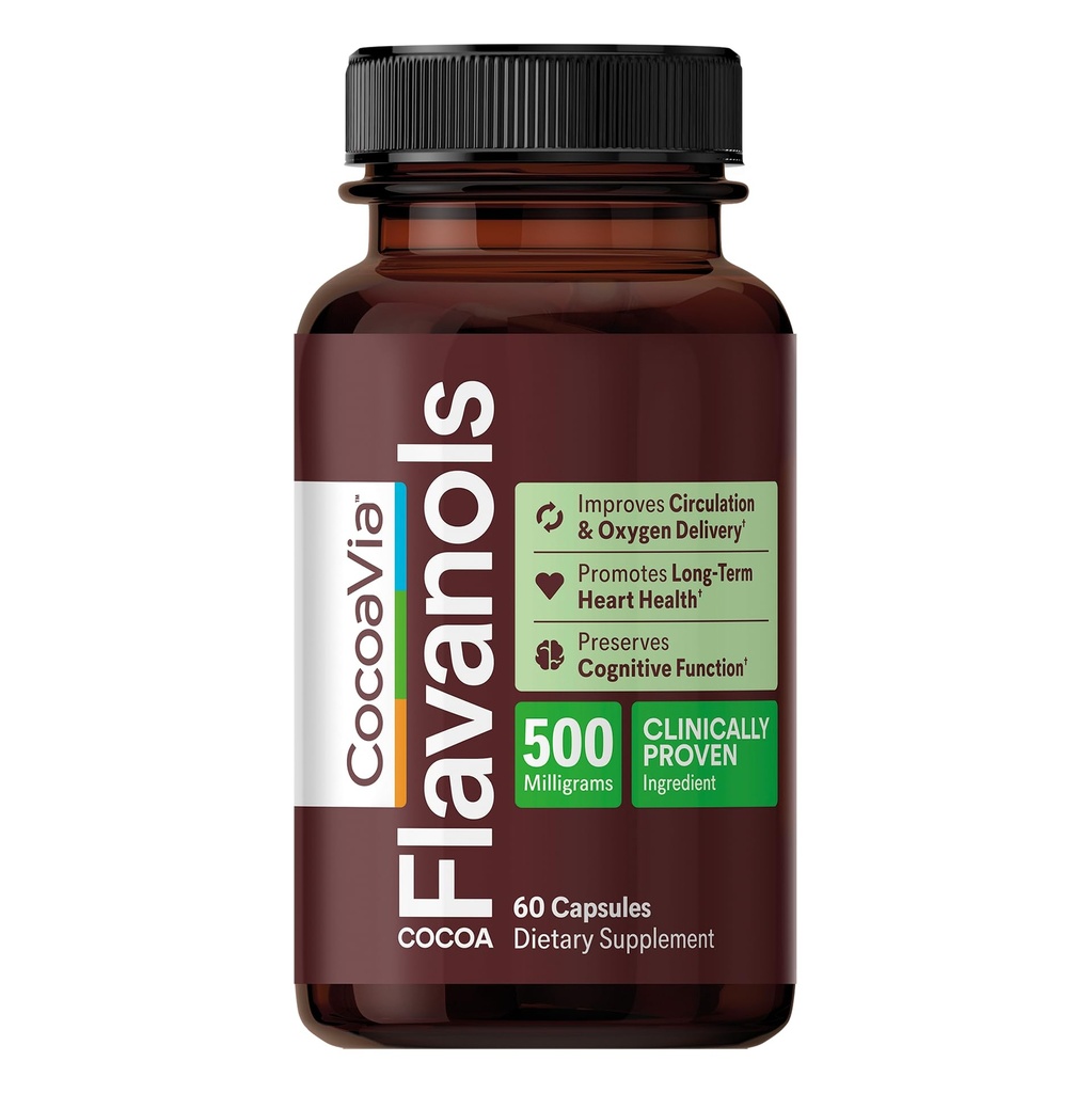 CocoaVia Heart & Brain Supplement, 30 päivä, Cocoa Flavanol Extract, Memory & Circulation Booster, Typpioksidi, Boost Oxygen & Energy, Plant Based, Gluteeniton, Vegaani, 60 kapselia