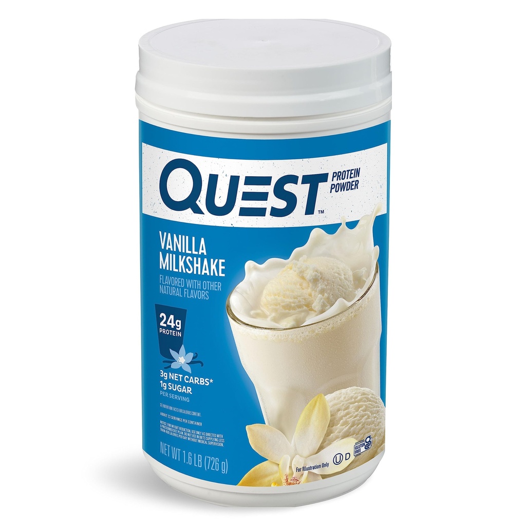 Quest Nutrition Vanilla Milkshake Protein Powder, 24 g proteiinia, 1 g sokeria, Low Carb, Gluteeniton, 1.6 23 annosta