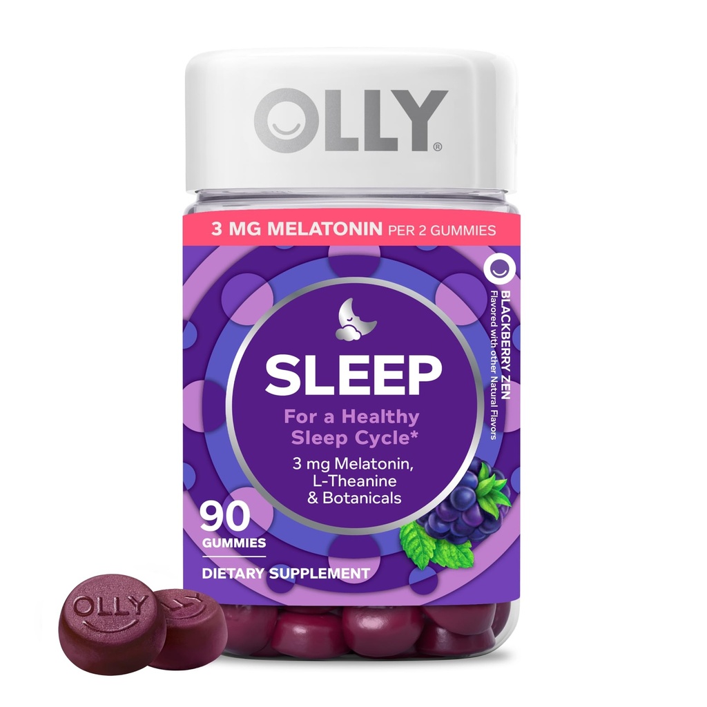 OLLY unikumi, 3 mg melatoniini, L- Theanine, kamomilla, sitruuna balm, unilääke, BlackBerry, 90