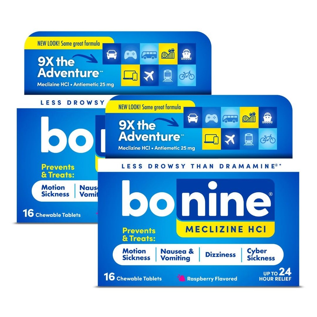 Bonine Non-Drowsy Motion Sairauden helpotus - 32 purutablettia Meclizine HCL 25mg - Non Drowsy Medicine for Pahoinvointi tai Motion Sairauden - Risteily Essentials - Vadelma Maku