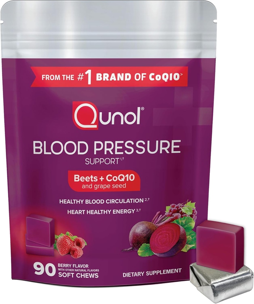 Qunol Beets purut verenpaine tuki, 3 in 1 Beets + CoQ10 + greippisiemenuute, tukee tervettä verenkierron ja sydämen terve energia, 90 purukumia