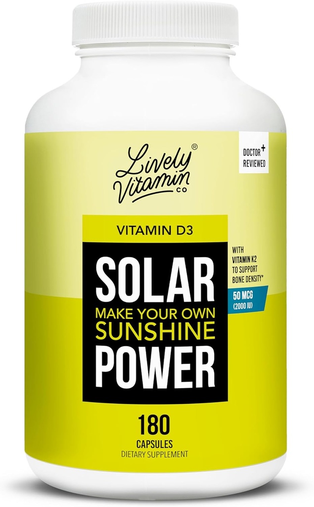 Lively Vitamine Co. Aurinkovoima D3 2000 iu - Patentoitu K-vitamiini - MK7 - Immunotasapaino - Aivotoiminta - Mieliala - Sydän - Stressi - 180