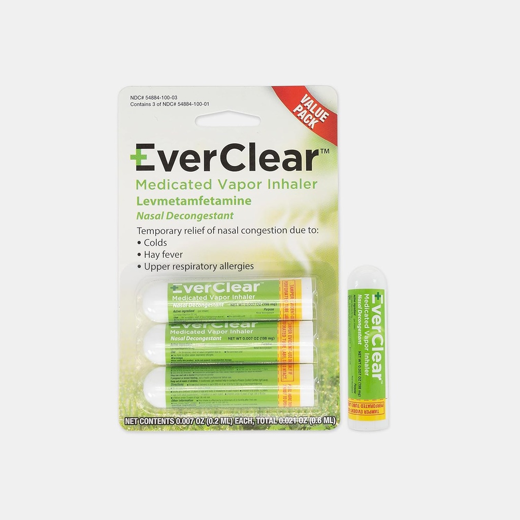 EverClear Medicated Vapor Inhaler, Nasal Decongestant för Colds, Hay Fever och Upper Respiratory Allergies, 0,2 ml, 3 Pack