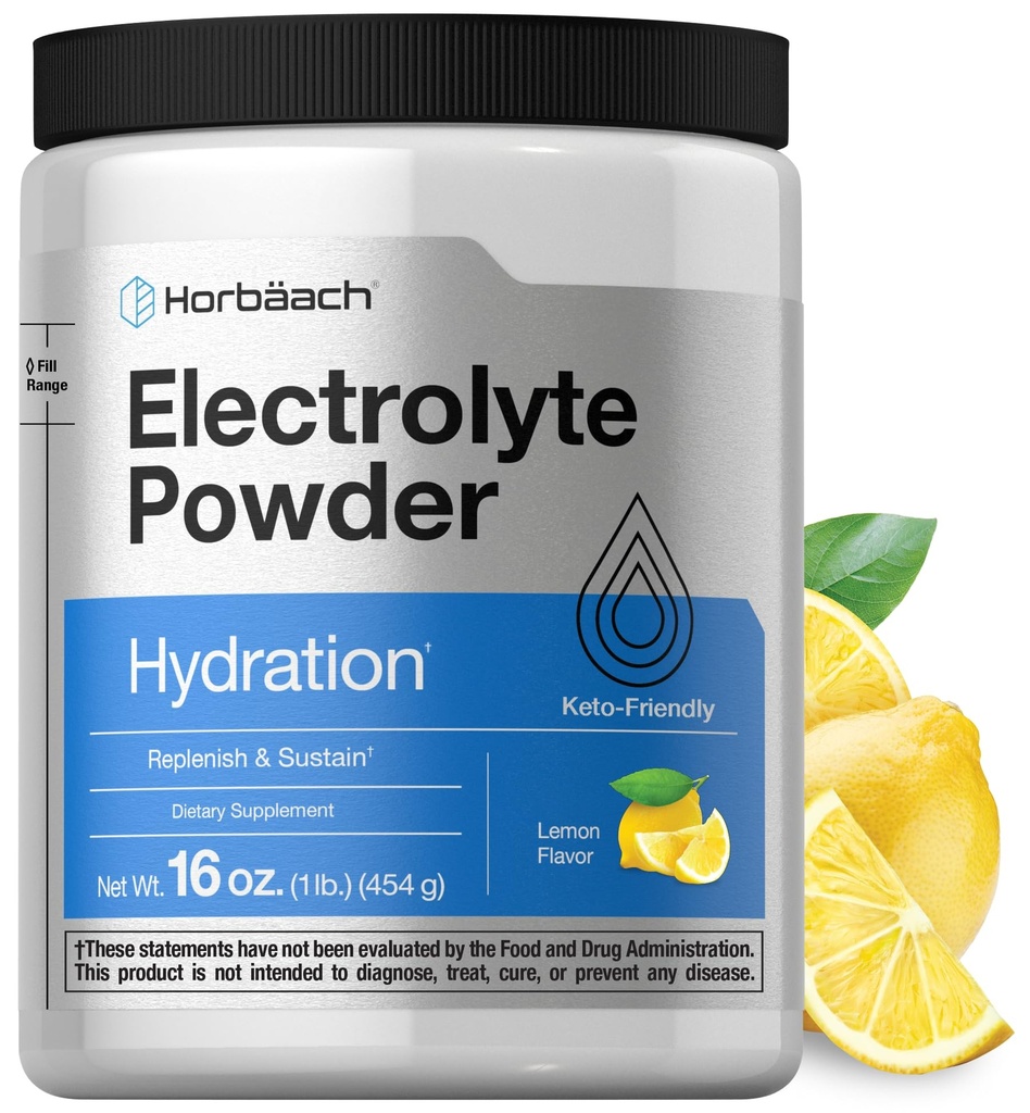 Horbäach Electrolytes Powder | 16 oz | 130 portioner | Hydration Supplement | Vegetarian | Keto-Friendly | Non-GMO, Gluten Free Formula | Lemon Flavor