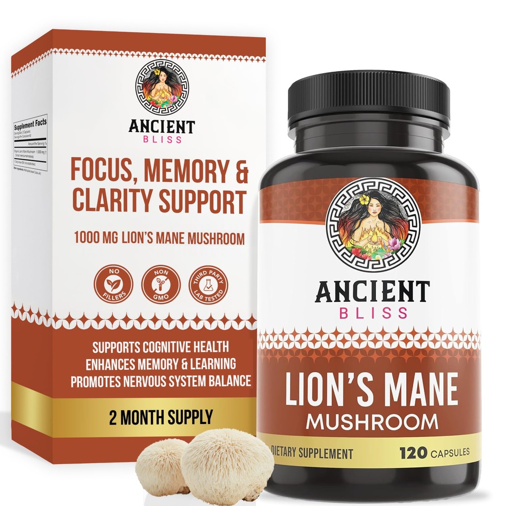 Ancient Bliss Lion's Mane Supplement (2 Månadsförsörjning) - 120 Vegan Mushroom Capsules - Kan Stöder Mental Clarity, Energy & May Focus- Memory & Immune Support Mushroom Supplement