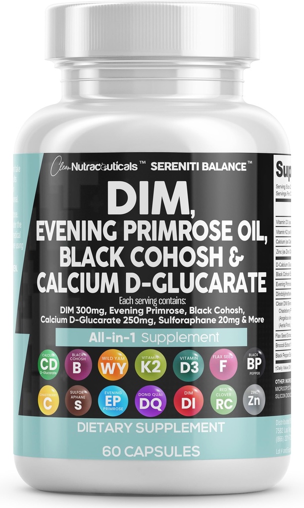 Clean Nutraceuticals DIM Ilta Primrose Musta Cohosh Kalsium D-Glucarate Sulforaphane pellava siemenuute - Hormonaalinen tuki vitamiineja naisille Dong Quai - 60 Caps