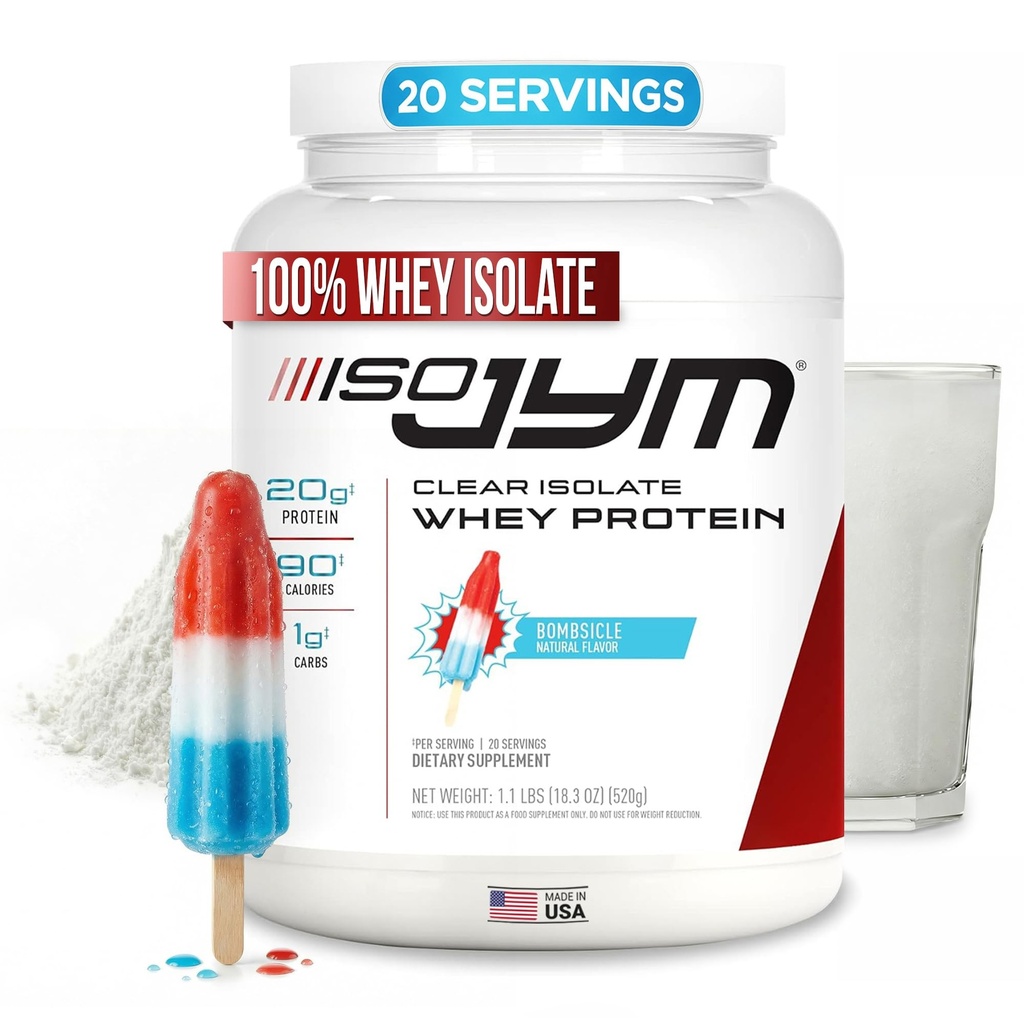JYM Supplement Science Iso JYM Bombsill, 90 kaloreita, 100% Whey Protein Isolate, nolla rasvaa, nolla sokeria, Mixes Clear, naisille ja miehille, 20 tarjoilua