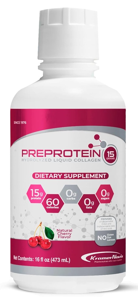 PreProtein 15® Liquid Hydrolyzed Collagen Peptides Protein (16 FL Oz) - Sugar-Free, Cherry Flavor, Aminosyror, Fett Gratis & Gluten Fri Supplement för Bariatriska patienter, Sår Återhämtning, Dialys