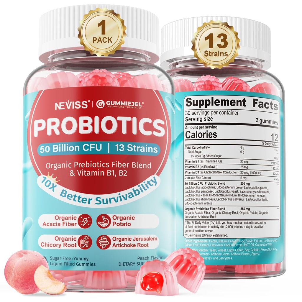 NEVISS Probiootti + Prebiootti Gummies for Aikuinen & Kids 4+, Sugar Free Chewable 50 miljardia PMY w/kuitu, B1-vitamiini B2 D3 & Sinkki, for Dgestive & Gut Health, Boost Microflora Monimuotoisuus, 60 Ct