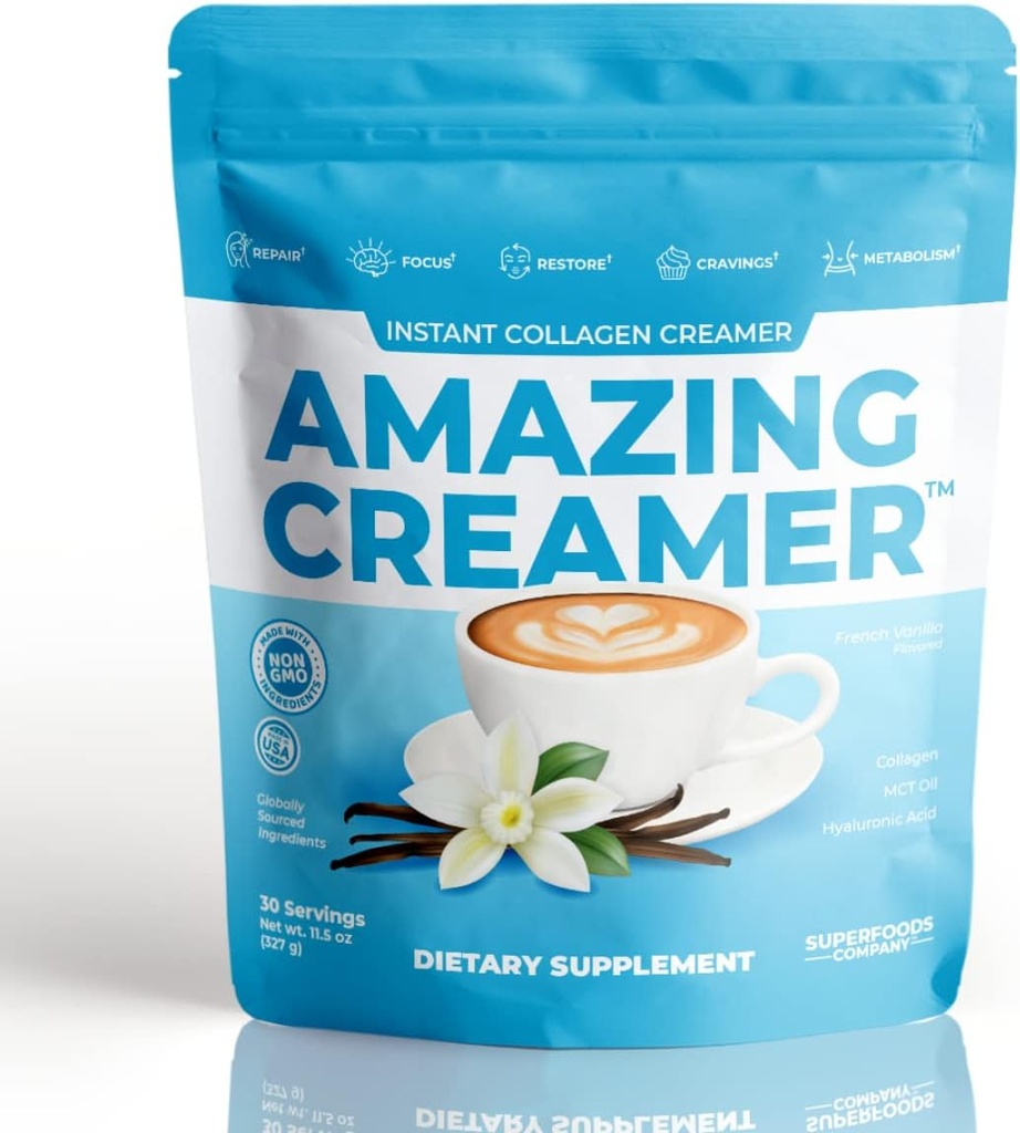 Superfoods Company Amazing Creamer with Collagen - Keto Creamer-Hyaluronic Acid & MCT Oil - Brain Boost & Curbs Cravings - Tukee Terve iho ja hiukset - Ruokavalio ystävättäret [30 tarjoilua] [Vanilla]