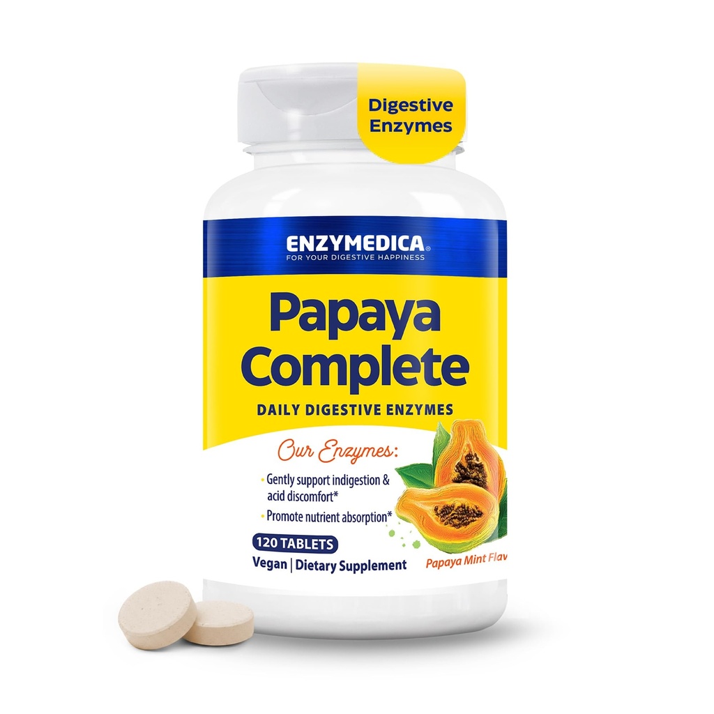 Enzymedica Papayan Enzymes Chewable, Dgestive Enzymes for Women and Men, with Organic Papayan Juice and Clorophyll, High Potency Bromelain & Papain, Vegan, Mint Flavor, 120 tablettia