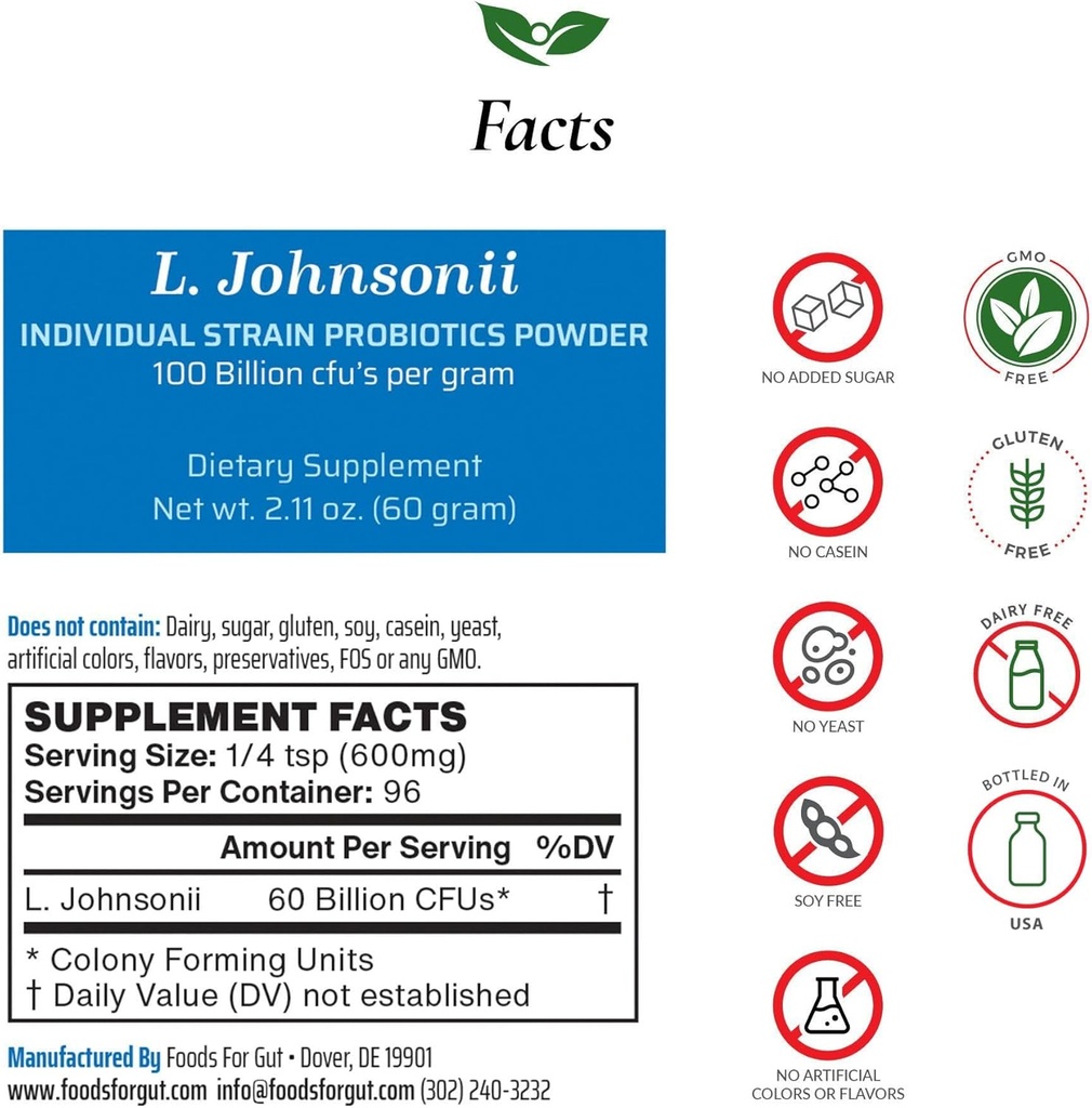 Foods For Gut Lactobacillus Johnsonii Probiootti Powder 100 Billion cfu's ... Ei lisäaineita... suoraan valmistajalta... Ei kolmannen osapuolen varastointia...