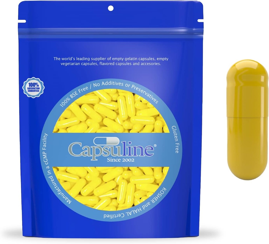 Värillinen koko 0 Tyhjä Liivate Kapsuliinin kapselit - Keltainen / Yellow 10000 Count Kosher & Halal Certified