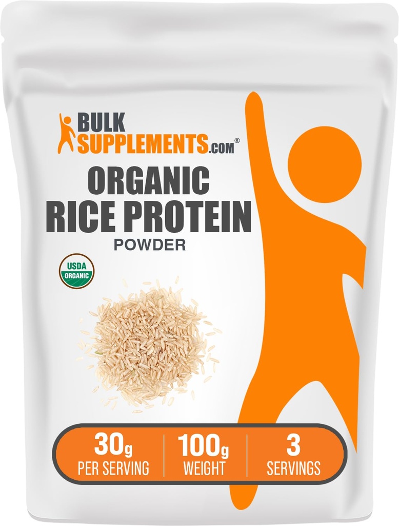 BulkSupplements.com Organic Rice Protein Powder - Vegan Plant Protein, makuamaton - Vegaani & Gluteeniton, 30g per tarjoilu, 100g (3.5 oz) (Pakkaus 1)