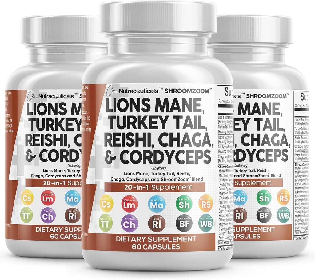 Clean Nutraceuticals Lions Mane 20in1 Sienilisä Turkin pyrstöllä Reishi Cordyceps Chaga Maitake Meshima Poria Cocos Shiitake Oyster Porcini Enoki - 3Pack