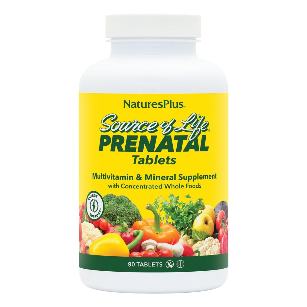 Natures Plus Source of Life Prenatal - 800 mcg Folate, 90 vegetariska tabletter - Alla naturliga prenatala vitaminer och mineraler med järn och kalcium - Optimal hälsa och energi - Glutenfri - 45 portioner