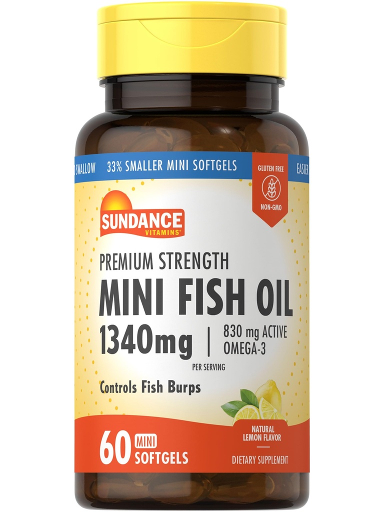 Sundance Mini Fish Oil Softgels 1340mg | 60 greve | Kontroller Fish Burps | Premium Strength Formel med Omega-3 | Natural Lemon Flavor | Non-GMO och Gluten Free Supplement