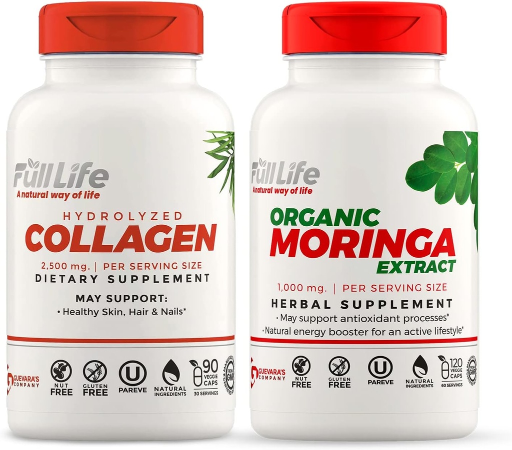 Full Life Hydrolyzed Collagen ja Moringa Oleifera Kapselit - Ravintolisät - Naudan kollageeni pillerit naisille ja miehille, Gluteeniton - Kasviskapselit