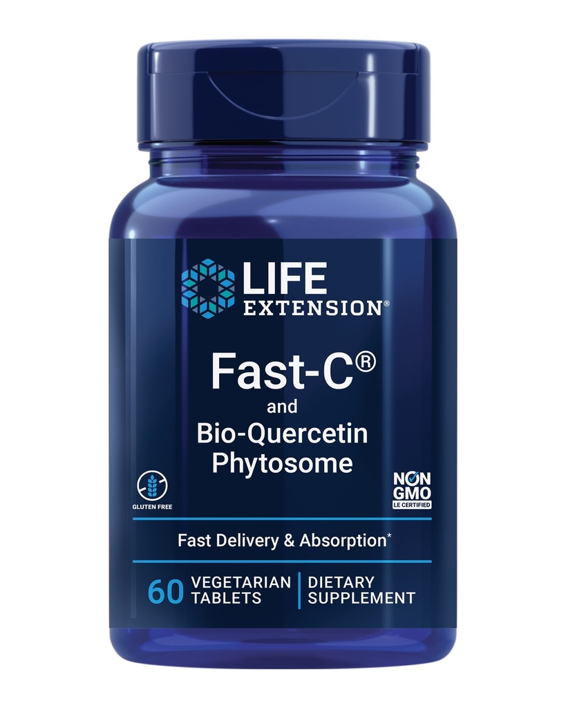 Life Extension Fast-C® ja Bio-Quercetin®, nopea toimitus ja imeytyminen, C-vitamiini, Sarviapila, immuunituki, magnesium, gluteeniton, ei-GMO, kasvissyöjä, 60 tablettia