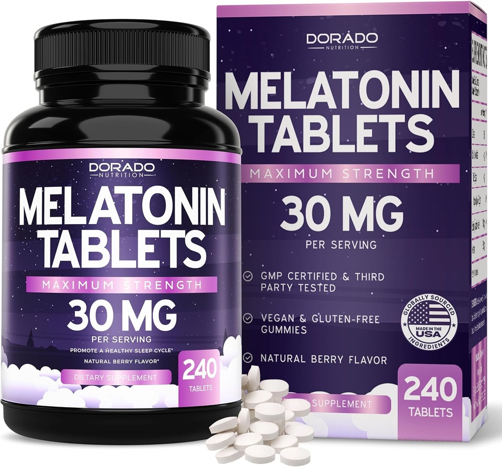 Melatoniini 30 mg tabletit aikuisille (240 tablettia) - Nopea liuota tabletti 30 mg Melatoniini per tabletti - Gluteeniton, ei-GMO, 100% kasvissyöjä, & Suuri Maku - sekoitettu Berry Flavor - Valmistettu USA