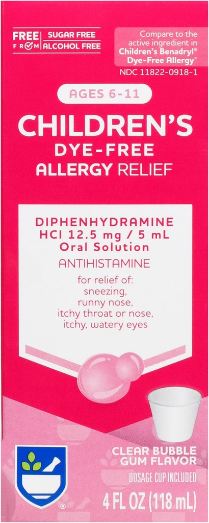 Rite Aid Children's Allergy Relief, Diphenhydramine HCI, Bubble Gum Flavor, 12,5 mg - 4 oz | Antihistamin | Barns allergimedicin | Allergimedicin | Allergy Pills | Kids Allergy Medicine