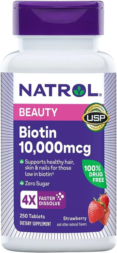 Natrol Biotin 10000 mikrog, mansikan maku, nopeasti liuottavat tabletit, ekstravahvuus, 250
