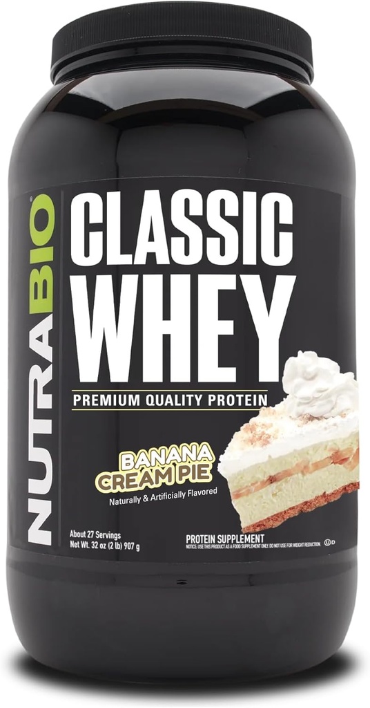 NutraBio Classic Whey Protein Powder- 25G Protein Per Scoop - Full-Spectrum Aminohappo profiili - Ei täyteaineita, keinotekoisia värejä, säilöntäaineita - (Banana Cream Pie, 2 punta)