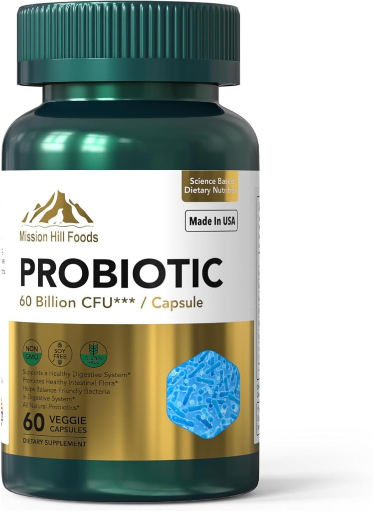 Probiotiska 60 miljarder CFU stöder Digestive & Immune Health (1 flaska-60 kapslar-2mo Supply) | Innehåller 7 naturliga probiotiska stammar | Non-GMO Gluten & Soy Free