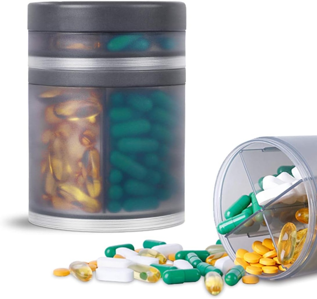Erittäin suuri täydentää Järjestäjä ja Kannettava pilleri tapauksessa 8 Osastot Kahden Layers Lääke Dispenser Kuukausittaiset vitamiinit Järjestäjät Pill Bottle, Gray