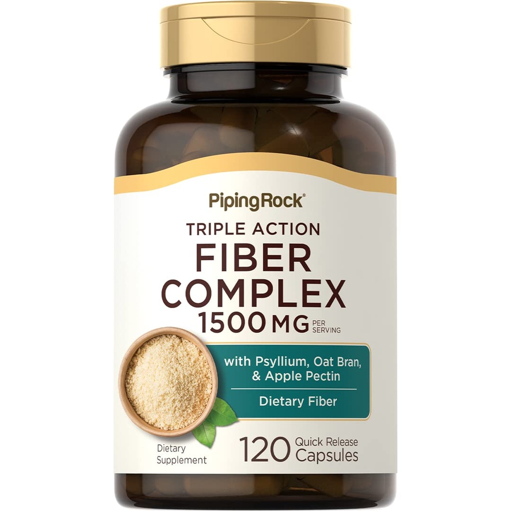 Piping Rock Fiber Complex Supplement ... 1500 mg... 120 kapselia... Triple action pillereitä... Psylliumia, kauraleseä ja Apple Pectin...