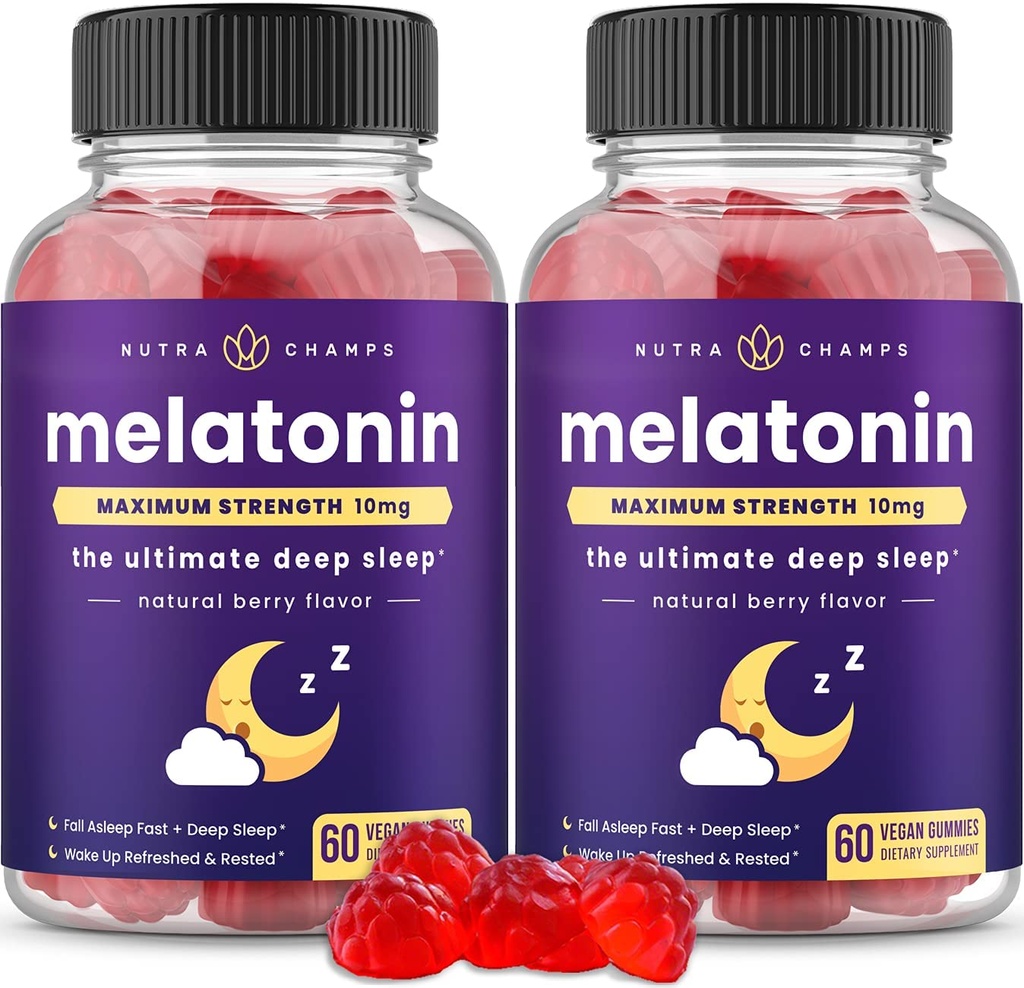 NutraChamps (Pack 2 Melatoniini Gummies aikuisille, Extra Strength unilääkettä vitamiineja, 5 mg tai 10 mg annos, Vegan luonnollinen mansikka maku täydentää parempaan uneen, 120 Gummies